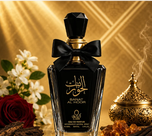 Al Aqeeq Banat Al Hoor Eau de Parfum 100ml black bottle with floral and incense setting